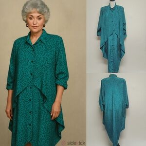 Stella Vintage 80s Dorothy Zbornack Teal Cheetah Print Layered Button Midi Dress